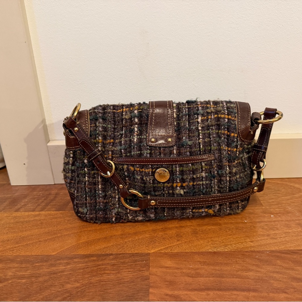 Coach Y2K Chelsea Green Tweed Double Pocket Boucle Shoulder Bag 8F18 Vintage - Picture 5 of 8